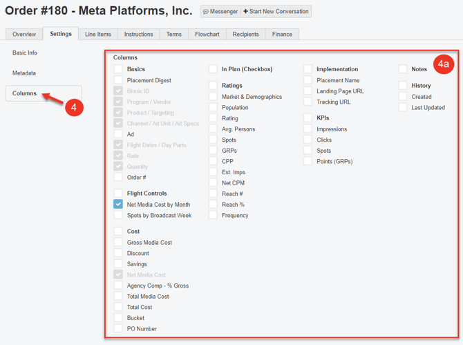 A screenshot of the Columns section in the Settings tab of an Order.
