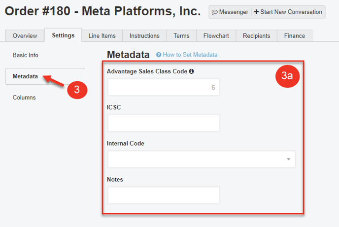 A screenshot of the Metadata section in the Settings tab of an Order.