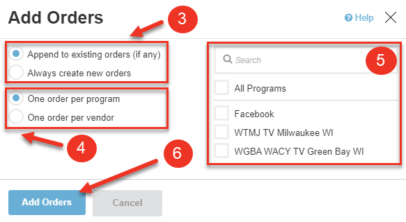 A screenshot of the Add Orders dialog.