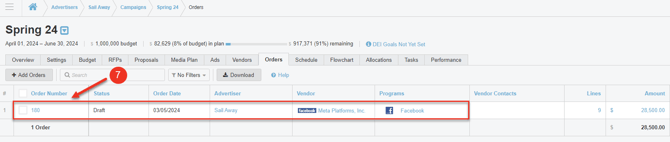 A screenshot of the Orders Tab in a Campaign, highlighting a newly created order.