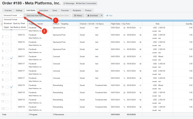 A screenshot of the Line Items Tab in an Order.