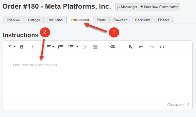 A screenshot of the Instructions Tab in an Order.