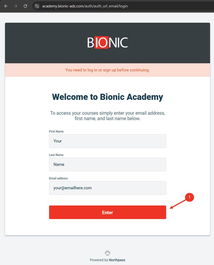 A screenshot of the Bionic Academy login page.