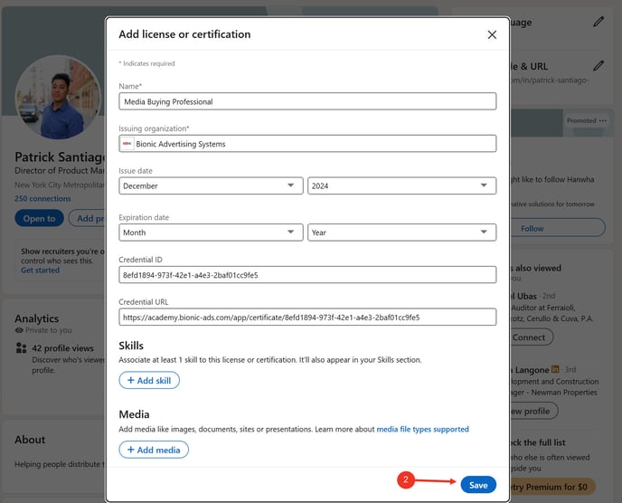 A sceenshot of LinkedIn's Add license or certification form.