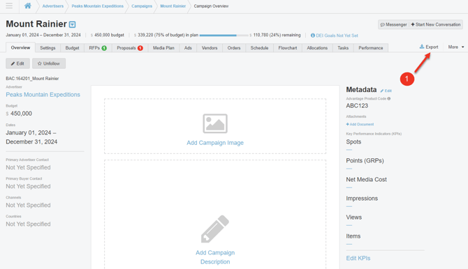 A screenshot of the Export button in a campaign.