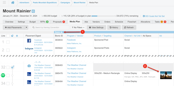 A screenshot of how to access the Ad settings from the media plan.