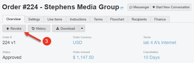 A sceenshot of the Overview Tab of an Order and how to revoke an order.