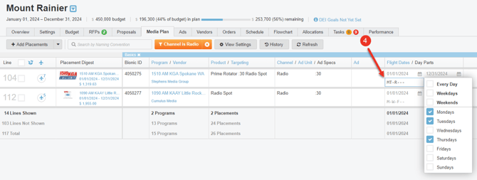 A Screenshot of a media plan highlighting the dayparting options..