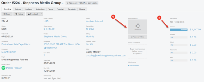 A sceenshot of the Overview Tab of an Order and how to approve an Order.