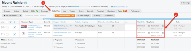 A Screenshot of a media plan highlighting the dayparting column.