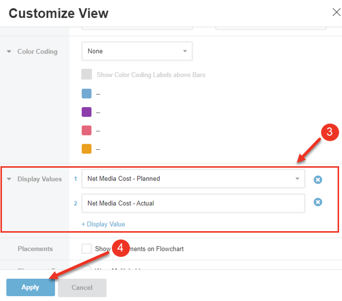 A screenshot of the customize view modal in the flowchart tab.