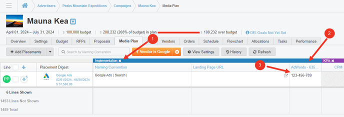 A screenshot of the Implementation section of a media plan.