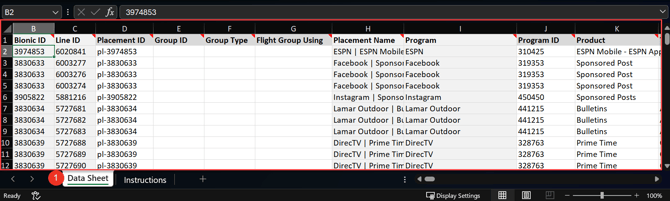 A screenshot of the Data Sheet tab in the Media Plan Worksheet.