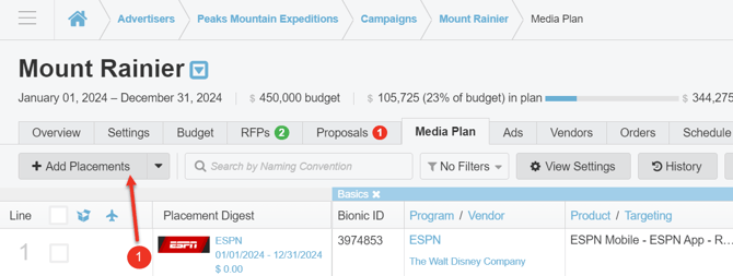 A screenshot of a media plan, highlighting the Add Placements button.