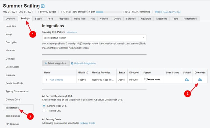 A screenshot of the Integrations section of a Campaign's Settings tab.