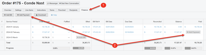 A screenshot of the Finance Tab in an Order.