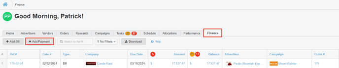 A screenshot of the finance tab on the Organizational Level.