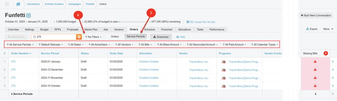 A screenshot of the media plan Orders Tab - Service Period Grid View.