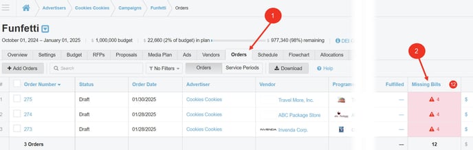 A screenshot of the media plan Orders Tab - Orders Grid.