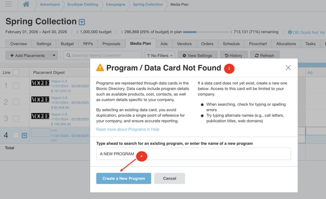 A screenshot of the Create a New Program modal in a media plan.