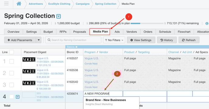 A screenshot of a media plan in Bionic.