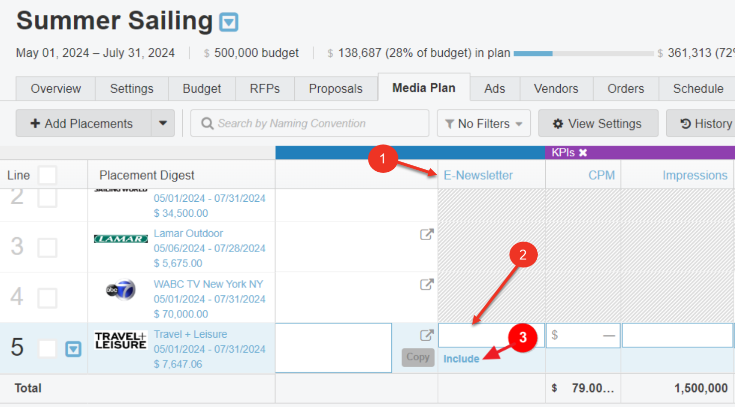 A screenshot of a media plan's integration column.