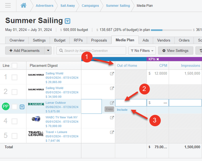 A screenshot of a media plan's integration column.