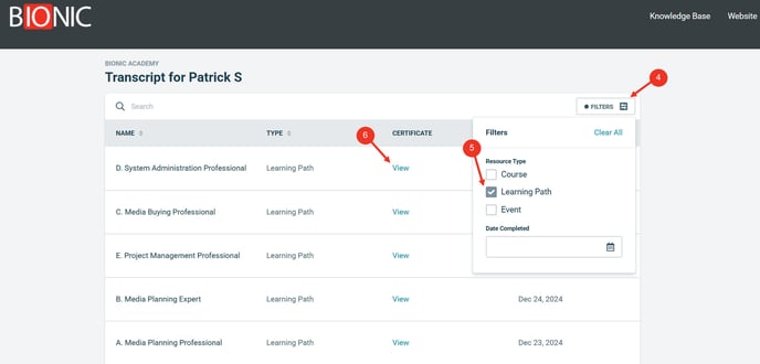 A screenshot of the transcipts section of Bionic Academy.