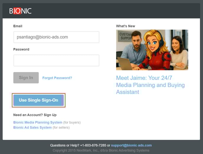 Screenshot of Bionic's log in page.