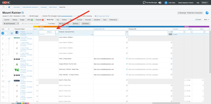 A screenshot of a task column in a media plan.