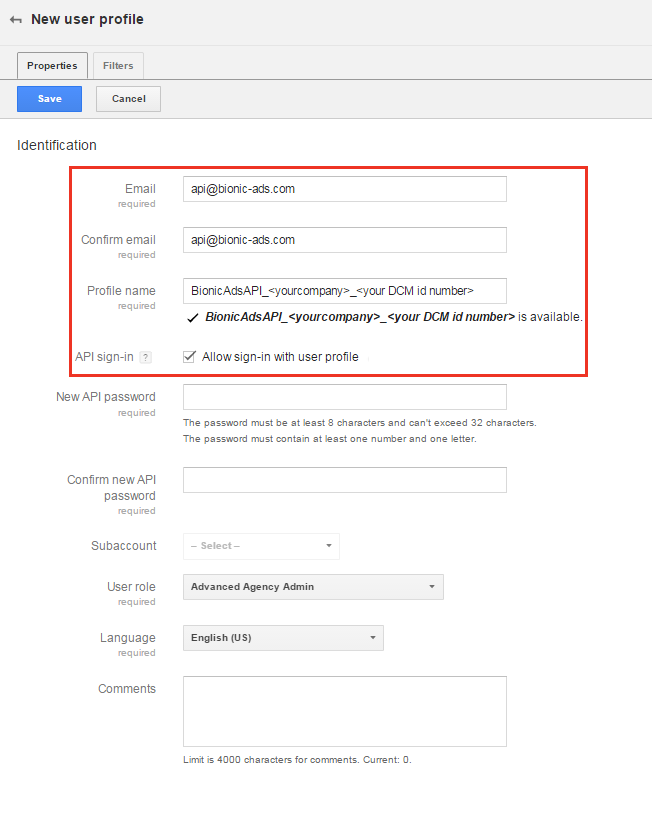 Screenshot of New User Profile in Google Campaign Manager.