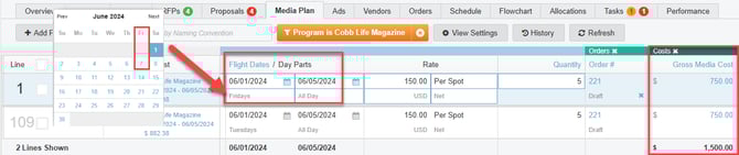 Screenshot of the Dayparting selections for a placement in a media plan.