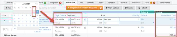 Screenshot of the Dayparting selections for a placement in a media plan.