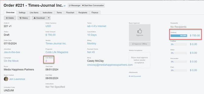 Screenshot of the Overview tab in an Order.