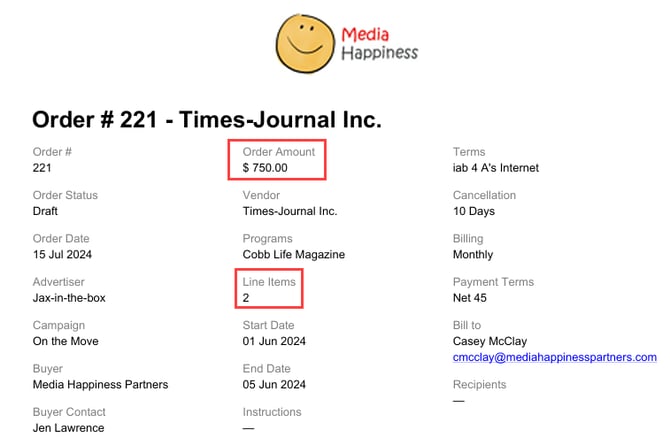 Scerenshot of a PDF version of an Order.