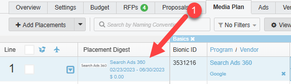 A screenshot of a media plan highlighting the placement digest.