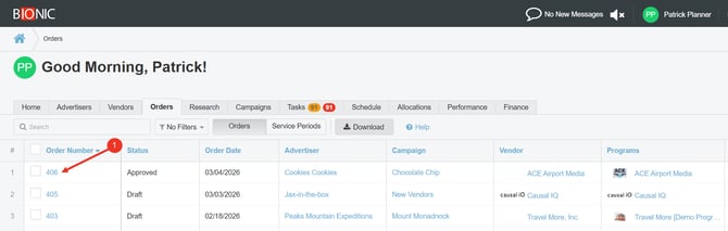 Screenshot of the Orders tab in Bionic for Agencies