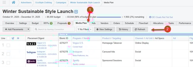 Screenshot of a Media Plan in Bionic.