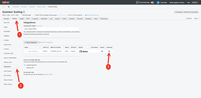 A screenshot of the integration section of the settings tab.