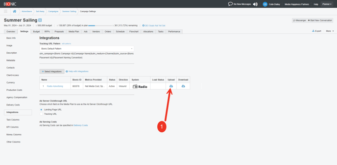 A screenshot of the integration section in the settings tab.