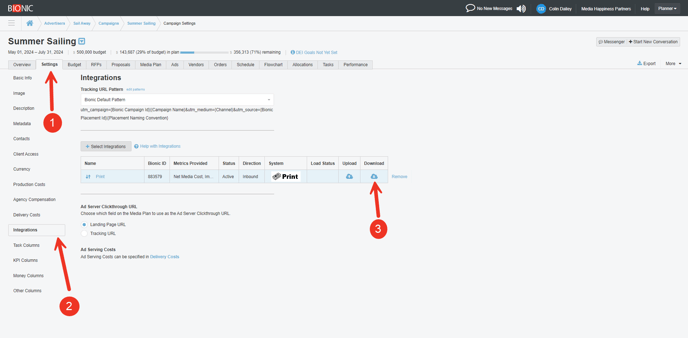 A screenshot of the integration section of the settings tab.