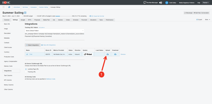 A screenshot of the integration section of the settings tab.