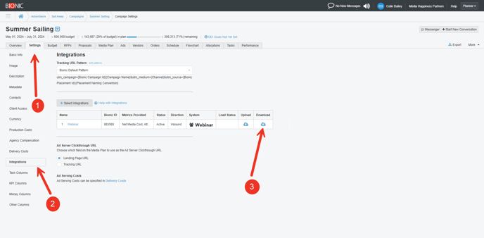 A screenshot of the integration section in the settings tab.
