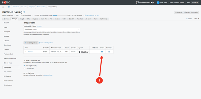 A screenshot of the integration section in the settings tab.