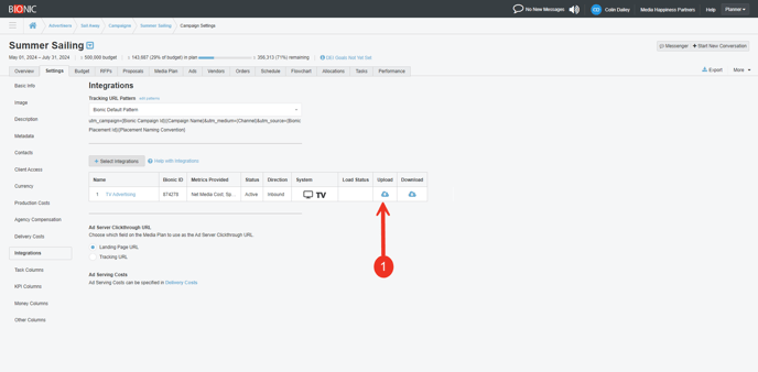 A screenshot of the integration section in the settings tab.