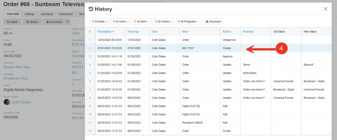 Screenshot of an Order's history log in Bionic