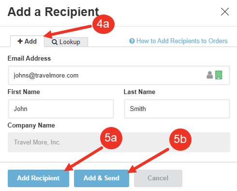 Screenshot of the Add Tab in the Add a Recipient modal.