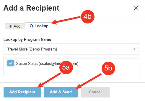 Screenshot of the Lookup Tab in the Add a Recipient modal.