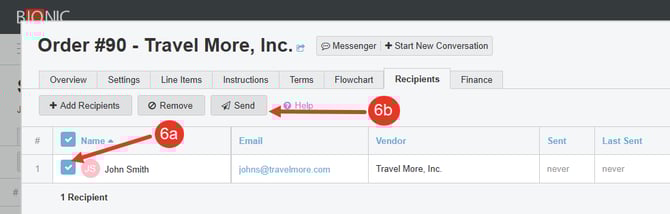 Screenshot how to send an IO in the Recipients Tab of an Order.