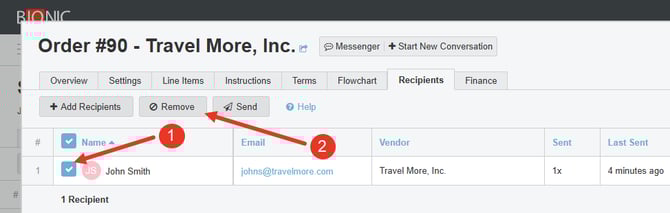 Screenshot of how to remove a recipient in the Recipients tab of an Order.